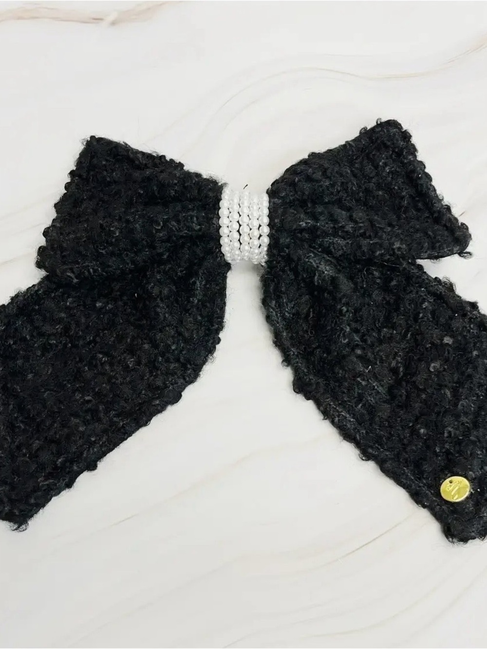 Black Tweed  Bow Hair Clip with Pearl Center - Picture 2 of 2
